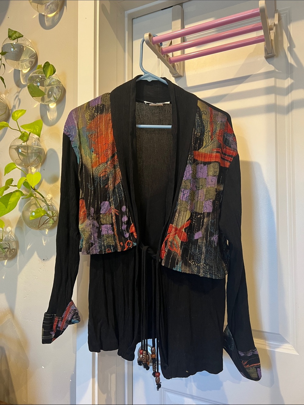 Solitaire Vintage Black Top with Multicolor Printed Yoke and Cuffs